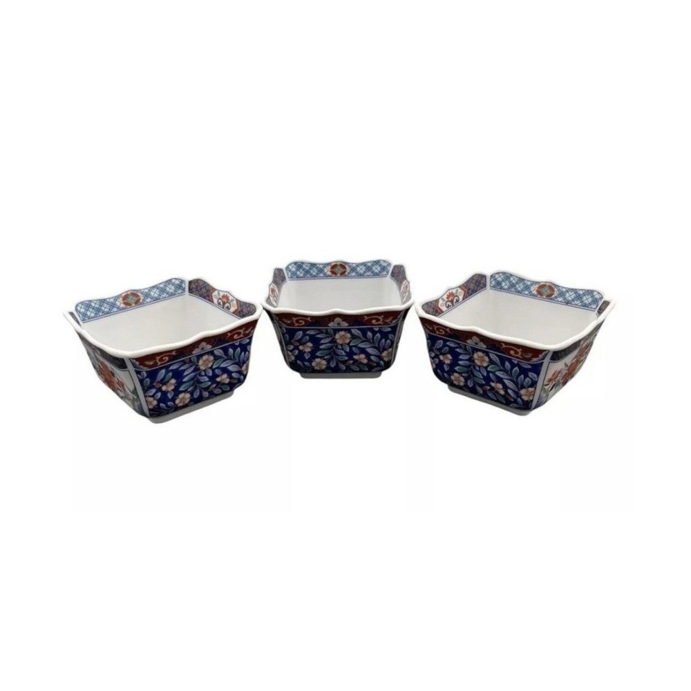 Set Of 3 Japanese Porcelain Vintage Imari Square Bowl 4.0" x 2.25" EUC